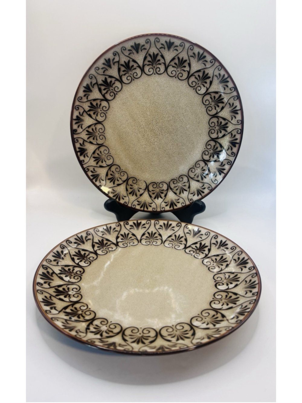 222 Fifth (PTS) Sentosa 8” Plate Set of 2 Stoneware Brown Tan Black Scroll Rim